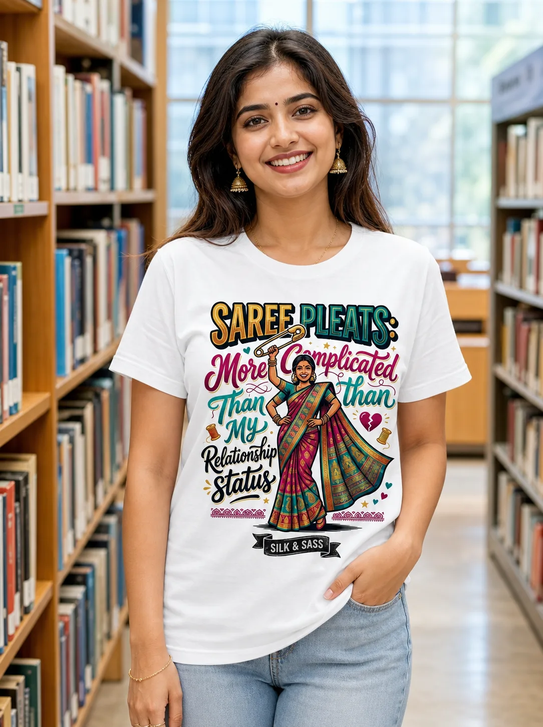 Saree Pleats vs. Relationship Status Vibe Shirt — white T-shirt editorial photograph