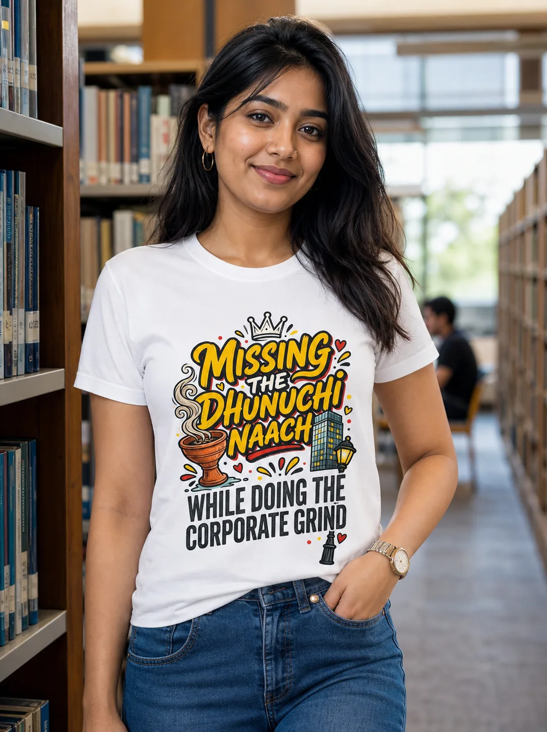 Missing Dhunuchi Naach, Corporate Grind Vibe Shirt — white T-shirt editorial photograph