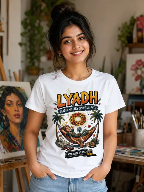 Lyadh: My Only Spiritual Path Vibe Shirt — white T-shirt editorial photograph