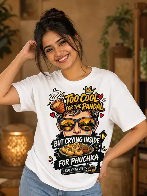 Too Cool for Pandal, Crying for Phuchka Vibe Shirt — white T-shirt editorial photograph