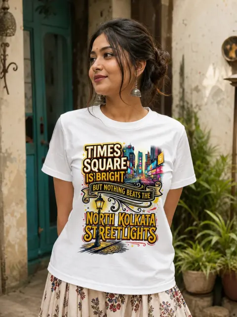 Times Square vs. North Kolkata Street Lights Vibe Shirt — white T-shirt editorial photograph