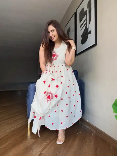 Heart Motif Embroidered Cotton Dress