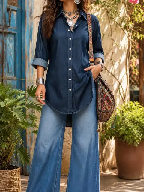Plus Size Denim Long Shirt