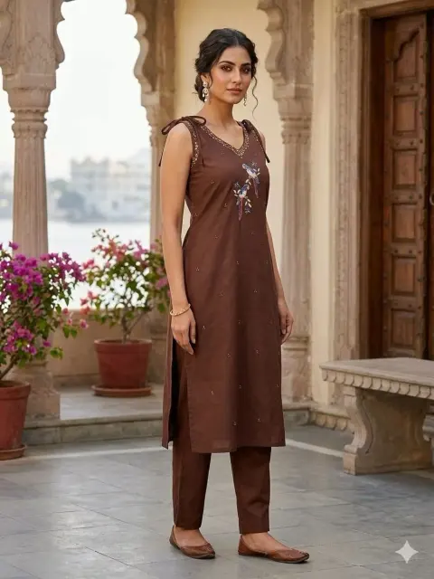 Spaghetti Strap Heavy Work Dhabu Cotton Designer Dress
