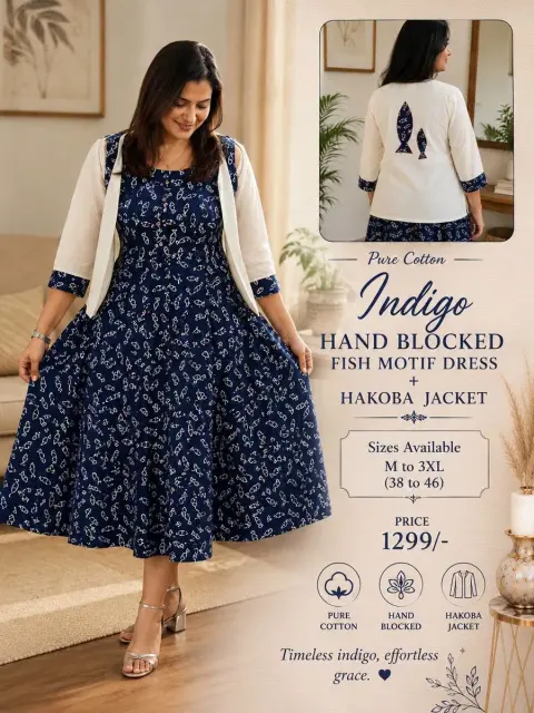 Indigo Hakoba Jacket Fish Motif Maxi Cotton Dress