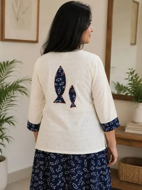 Indigo Hakoba Jacket Fish Motif Maxi Cotton Dress