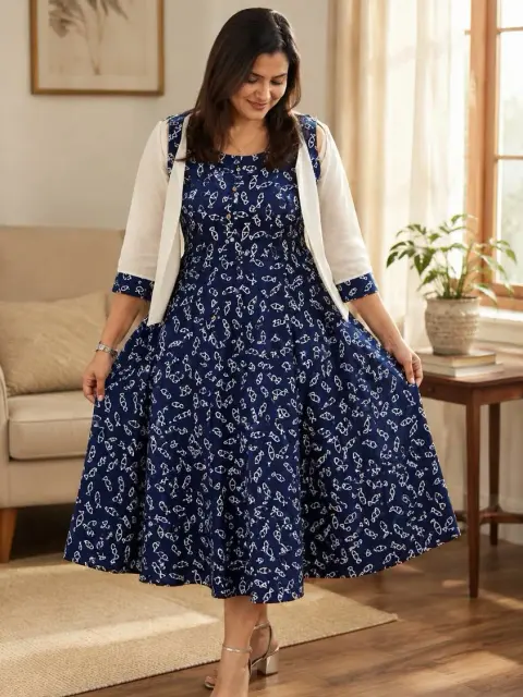 Indigo Hakoba Jacket Fish Motif Maxi Cotton Dress