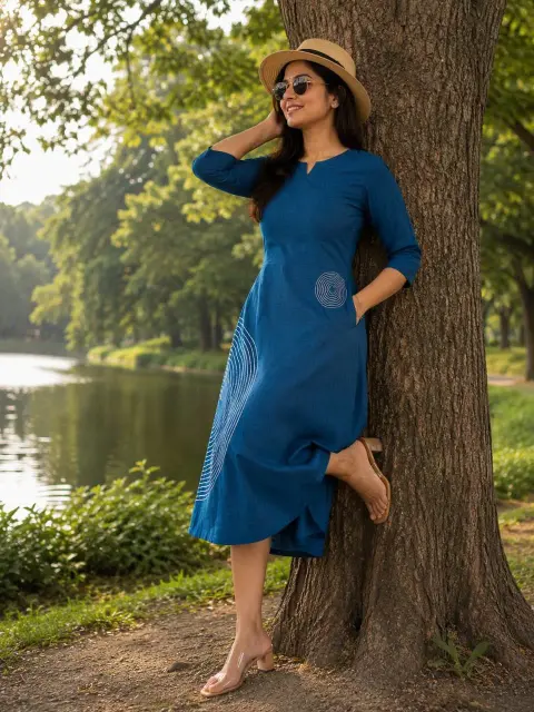 Hand Embroidery Embroidered Midi Handloom Cotton Dress