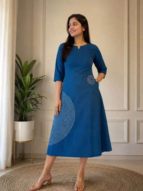 Hand Embroidery Embroidered Midi Handloom Cotton Dress